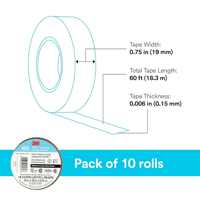 3M Temflex Multi-Purpose Vinyl Electrical Tape 165, Brown, 3/4 in x 60 ft , 10 Roll Pack