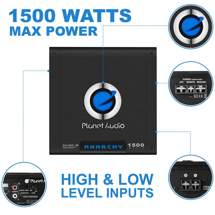 Planet Audio AC1500MK 1500W Max Power Monoblock Class A/B Amplifier with 8 Gauge Wiring Kit