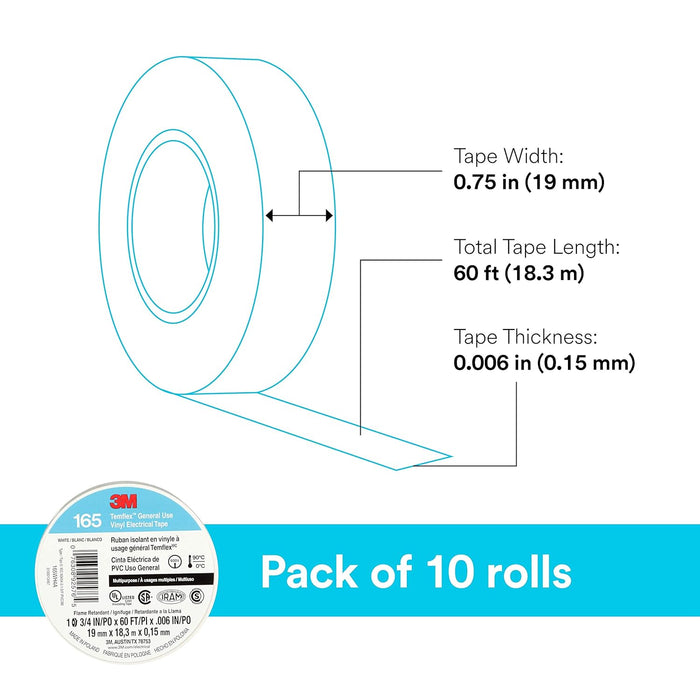 3M Temflex Multi-Purpose Vinyl Electrical Tape 165, White, 3/4 in x 60 ft , 10 Roll Pack