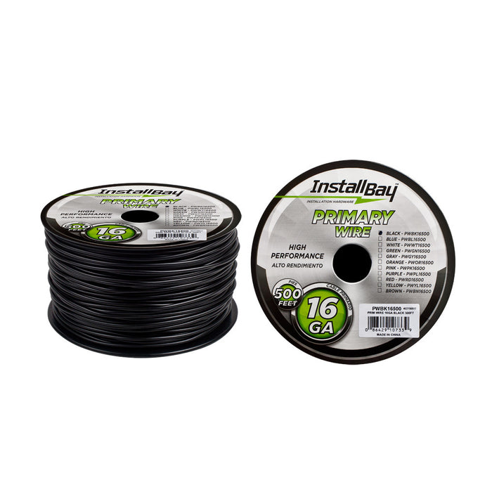 The Install Bay PWYL16500 Primary Wire 16 Gauge All Copper Black Coil - 500 ft