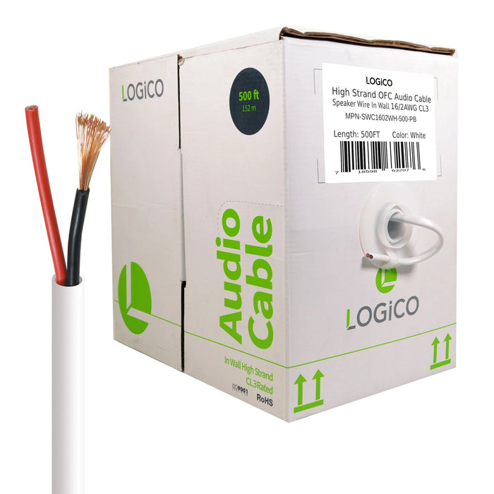 Logico In-Wall Audio Speaker Cable Wire 16/2 Gauge AWG OFC 500ft White